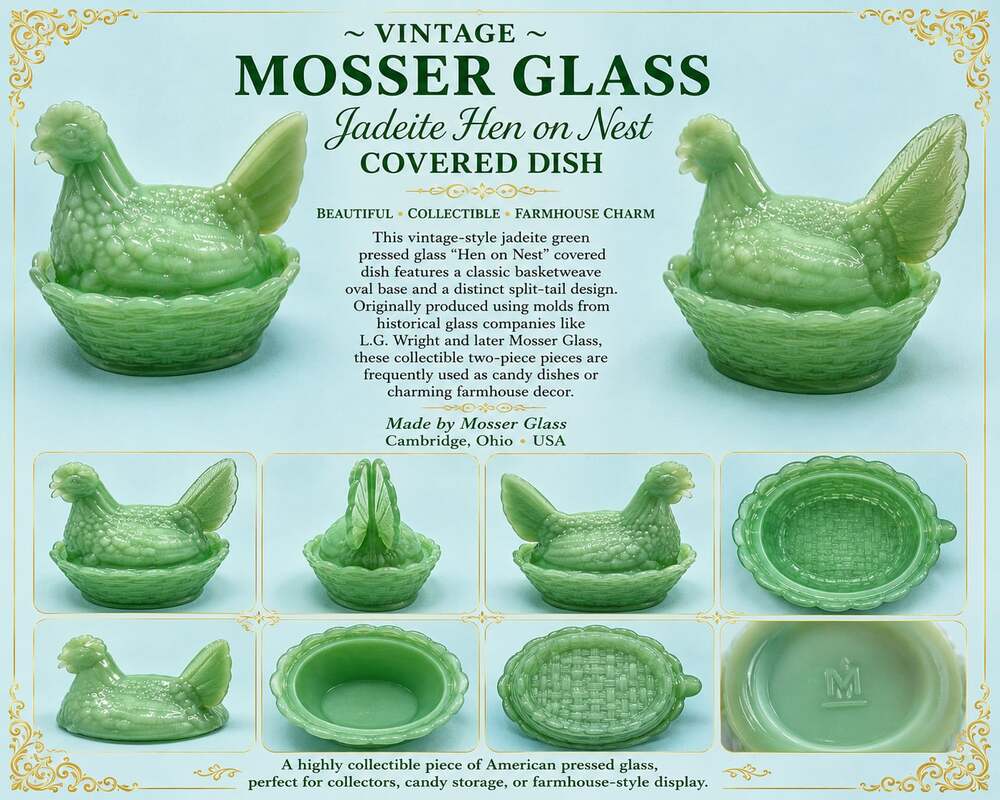 Mosser Glass Jadeite Hen on Nest Covered Dish